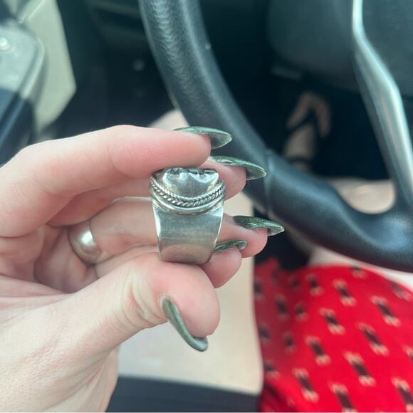 Vintage Carved Pale Green Flower Stone Wide Band Chunky 925 Sterling Silver Ring - Picture 7 of 14